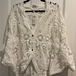 Crochet Openwork Button-Front Cardigan - White